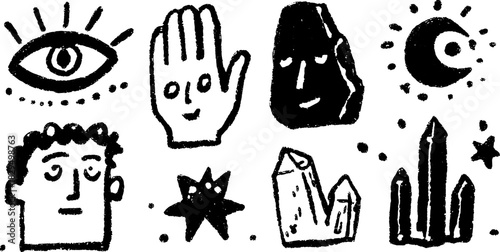 Hand-drawn silhouette set featuring various elements: eye, hand, face, stone, moon, star, and crystal. This is a unique vector illustration.