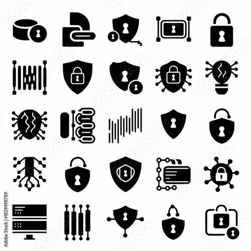 Set of icons representing security, data protection, encryption, and cybersecurity concepts
