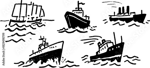 Hand-drawn boats and ships in silhouette style. Black outline vector illustrations of various vessels on the waves presented as a set.