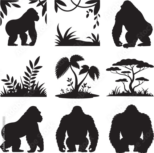 Vector Illustration of Gorillas and Tropical Plants in Silhouette Style