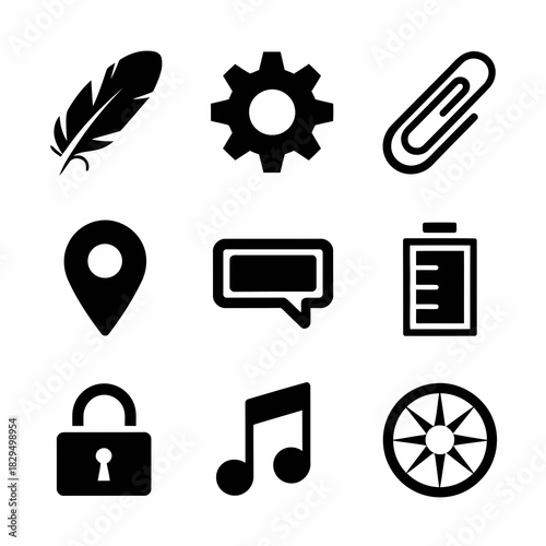 Set of nine black icons representing various symbols and functions isolated on