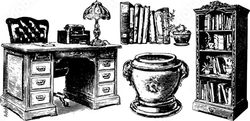 Vintage office furniture set includes a desk, lamp, bookcase, and pot. A detailed vector illustration in black and white highlights classic design elements.