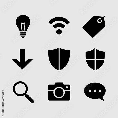 Set of nine black icons representing various functions like download, security, search, camera, and chat