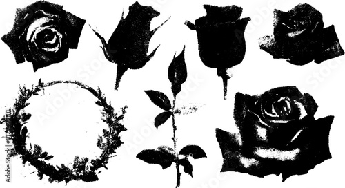 Black rose vector illustration set featuring various floral shapes and a wreath design. Simple and modern graphic illustration of natural beauty.