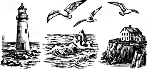 Lighthouse with seagulls and a house on a cliff by the ocean. Black and white vector illustration showcasing scenic coastal imagery.