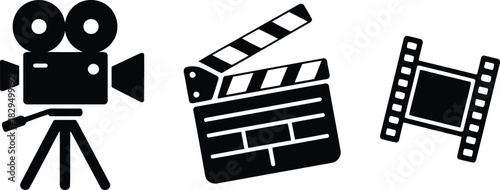 Essential black silhouette icons for the film industry with a camera, clapperboard, and filmstrip