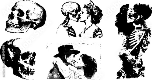 Vintage skull and skeleton illustrations. A couple kissing, outlined in black and white, creating a romantic vector illustration set.