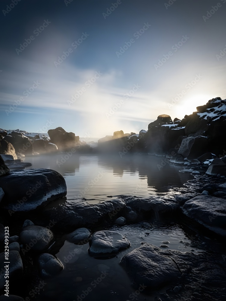 Fototapeta premium A secluded steaming mineral pool in winter
