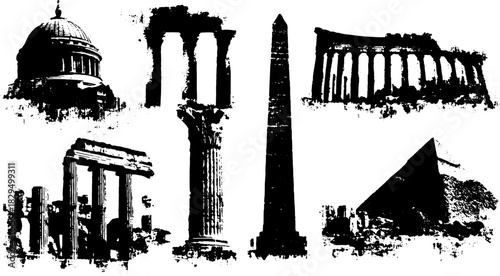 Architecture illustration featuring historical structures: dome, obelisk, column, and pyramid in vintage line drawing style. Black and white vector set.