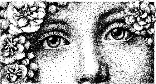 Intricate female face with captivating eyes surrounded by flowers. Black and white vector illustration highlighting texture and detail.