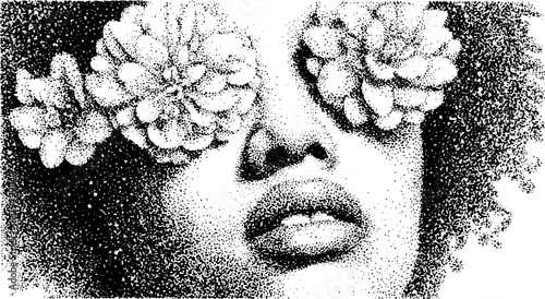 Abstract portrait illustration featuring a woman with floral elements. This black and white vector design highlights detailed patterns in a minimal style.