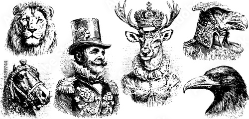 Vintage illustration of animals: lion, deer, horse, and eagle in regal portraits. This vector set features detailed sketches in black and white.