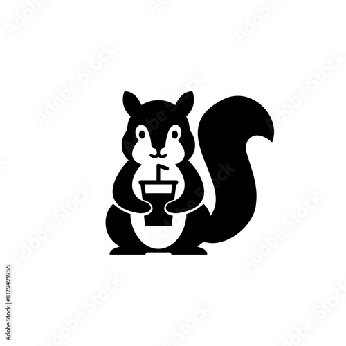A cute black silhouette illustration of a cartoon squirrel holding a drink with a straw