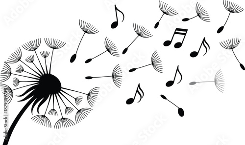 Graphic illustration of a dandelion puff dispersing its seeds with several floating music notes