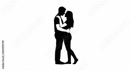 Black silhouette of a romantic couple embracing and kissing.