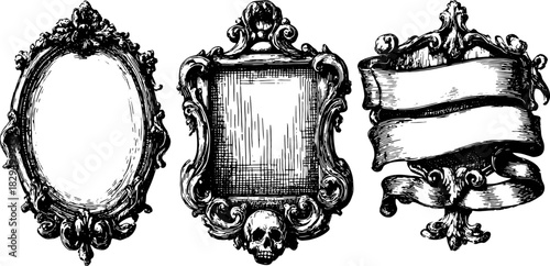 Ornate vintage frame set with a decorative banner and skull. Elegant vector illustration showcasing classic design and craftsmanship.