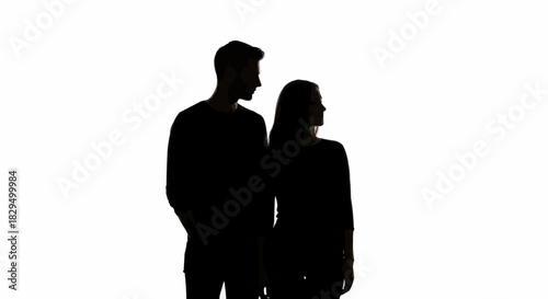 Silhouette of a couple standing together looking into the distance.