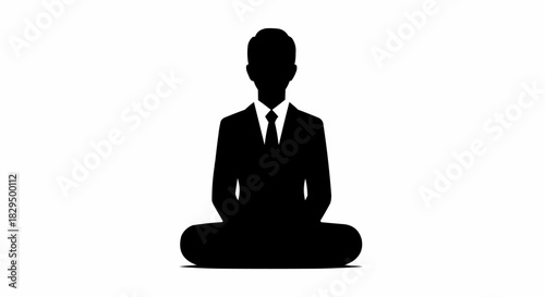Silhouette of a businessman meditating in a calm lotus pose.