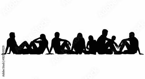 Silhouettes of diverse people sitting together in a row.