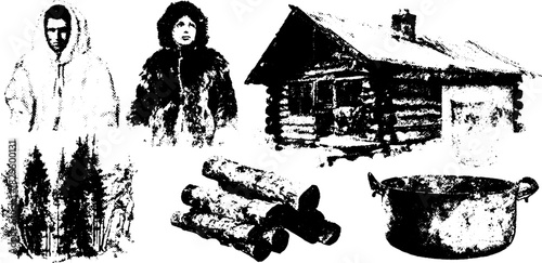 Winter cabin scene featuring people in warm clothing. Logs and a bowl set against a snowy forest in this vector illustration.