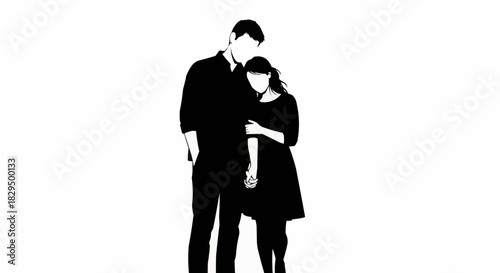 Silhouette of a couple standing close together in a loving embrace.