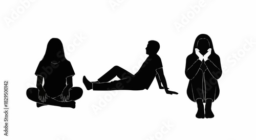 Silhouettes of Individuals in Various Poses on White Background.