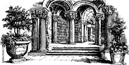 Antique library illustration with engraved architecture. Features elegant columns and decorative plants in a vintage vector illustration set.