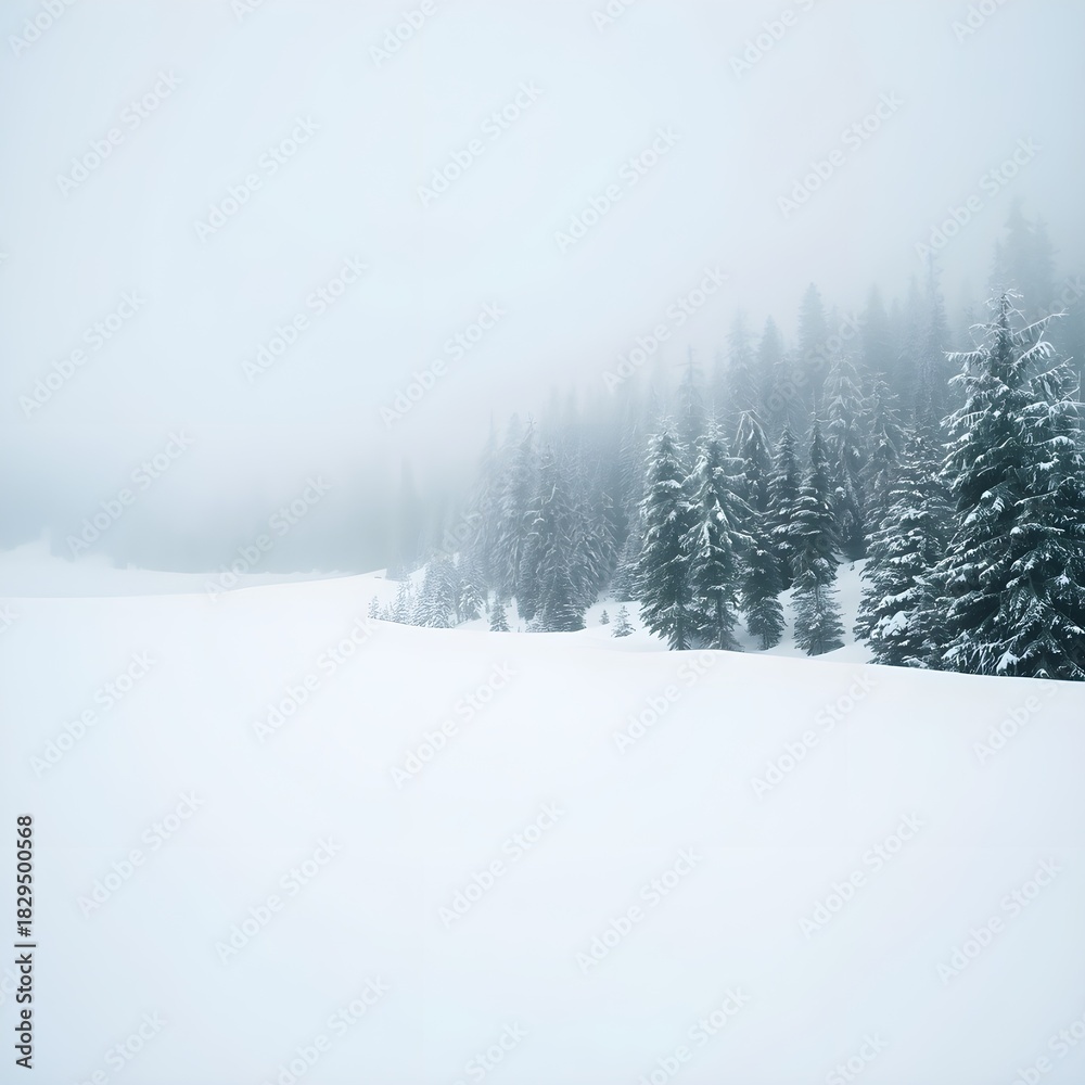 Naklejka premium Enchanting winter wonderland showcasing snow covered evergreen trees shrouded in mist, perfect for holiday promotions