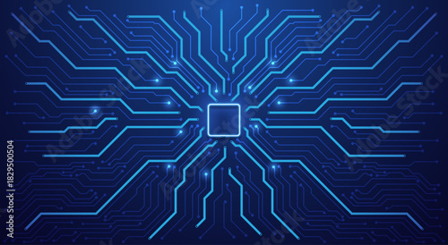 Futuristic circuit board background with glowing blue lines. Technology and artificial intelligence concept. High tech digital network vector illustration. EPS10.