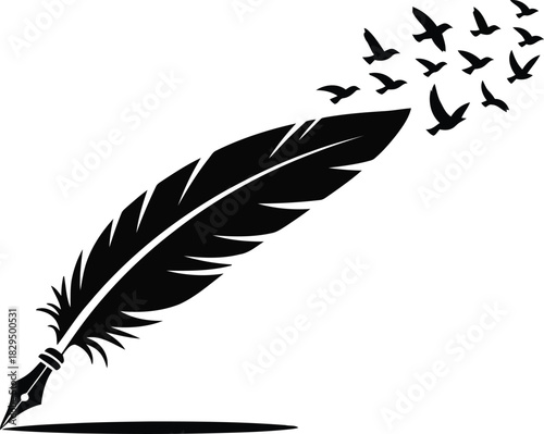 Monochrome illustration of an old fashioned quill pen with a flurry of birds taking flight