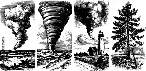 Engravings of natural elements: smoke, tornado, lighthouse, ocean waves, and tree. This vector illustration captures the essence of the landscape set in black line.