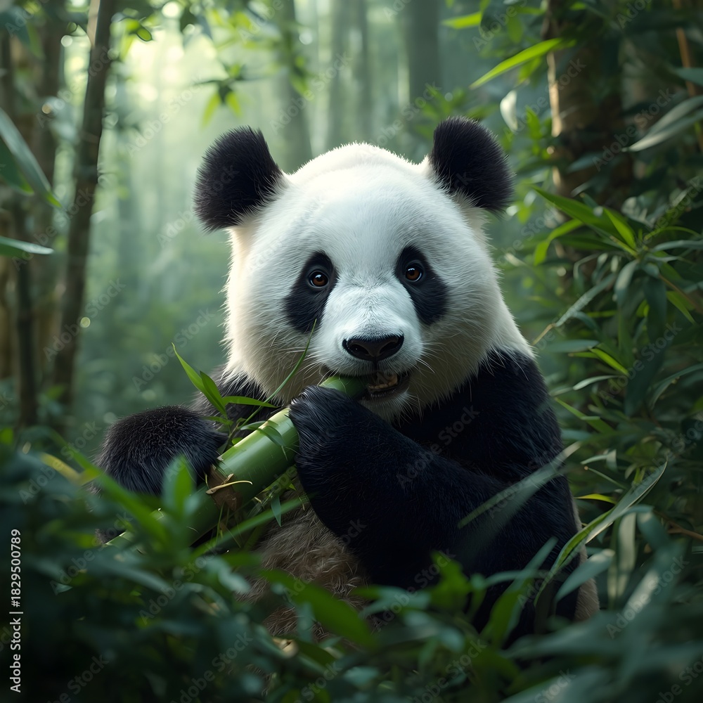 Fototapeta premium Adorable panda bear enjoying fresh bamboo in lush green forest setting, perfect for nature and conservation campaigns