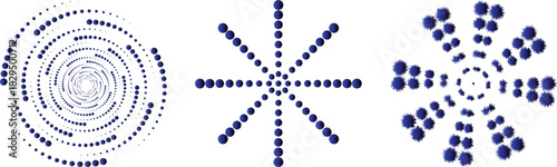 Three abstract blue dot patterns spiral radial starburst