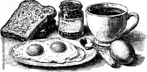 Breakfast illustration featuring eggs, toast, and coffee. A vintage vector set depicting culinary elements, including a jar of jam and a spoon.