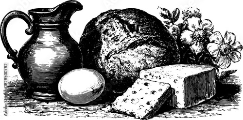 Food still life set featuring cheese, bread, egg, jug, and flowers in vintage engraving style. This classic vector illustration captures rustic dining elements.