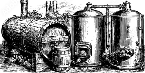 Antique engraving of a distillation machine set. Hand-drawn barrels and tanks in vintage style, featuring a detailed black and white vector illustration.
