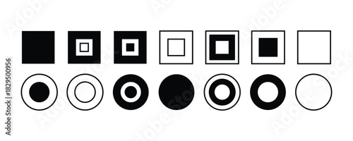 Abstract Concentric Squares and Circles Icon Set in Black and White for Target, Focus, and Geometric Design