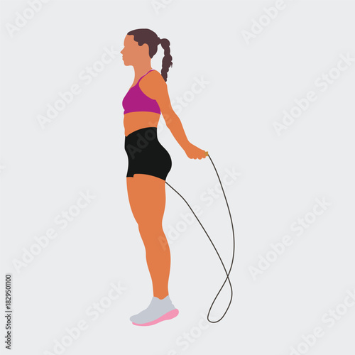 Active young woman athlete in sportswear  jumping rope for a slim body, health, and fitness lifestyle vector illustration. Flat vector illustration isolated on white background 