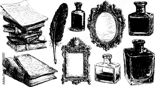Vintage books and writing elements: quill, ink bottles, and ornate frames in black and white style. Classic vector illustration set.