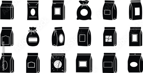Black Silhouette Icons Collection of Various Product Packaging, Bags, and Pouches for Food, Coffee, Snacks, and Retail Goods, Isolated Vector Illustration