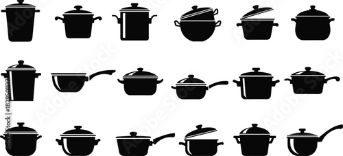 Collection of kitchen cooking pot and pan silhouettes, black vector icons set isolated on white background, cad drawing flat vector illustration