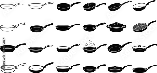 Collection of various kitchen cooking frying pan and skillet silhouettes, black vector icons set isolated on white background, cad drawing flat vector illustration