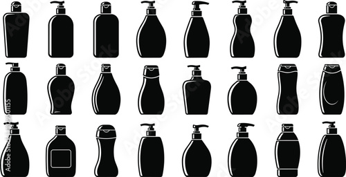 Huge Collection of Black Silhouette Cosmetic and Toiletry Bottles, Featuring Diverse Lotion and Shampoo Containers with Pump and Flip Caps, Isolated Vector
