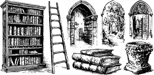 Engravings of a vintage library set: bookshelf, ladder, and architectural elements like arches and doorways. Detailed vector illustration.