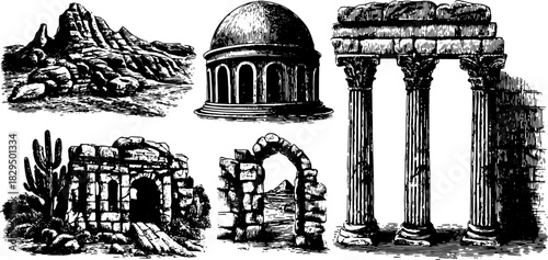 Antique engravings depicting various landscapes and architectural structures. Vintage vector illustration showcases historical details in a set.