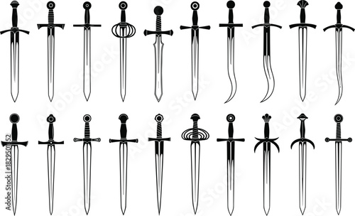 Collection of detailed medieval sword silhouettes showcasing varied blade styles and ornate hilts, perfect for fantasy vector illustration projects, 