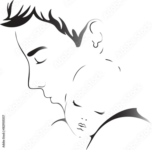 Father holding sleeping baby line art child parent