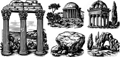 Engravings of historical architecture featuring columns, rocks, and trees. This detailed illustration set presents elements of nature and structure in a vector format.