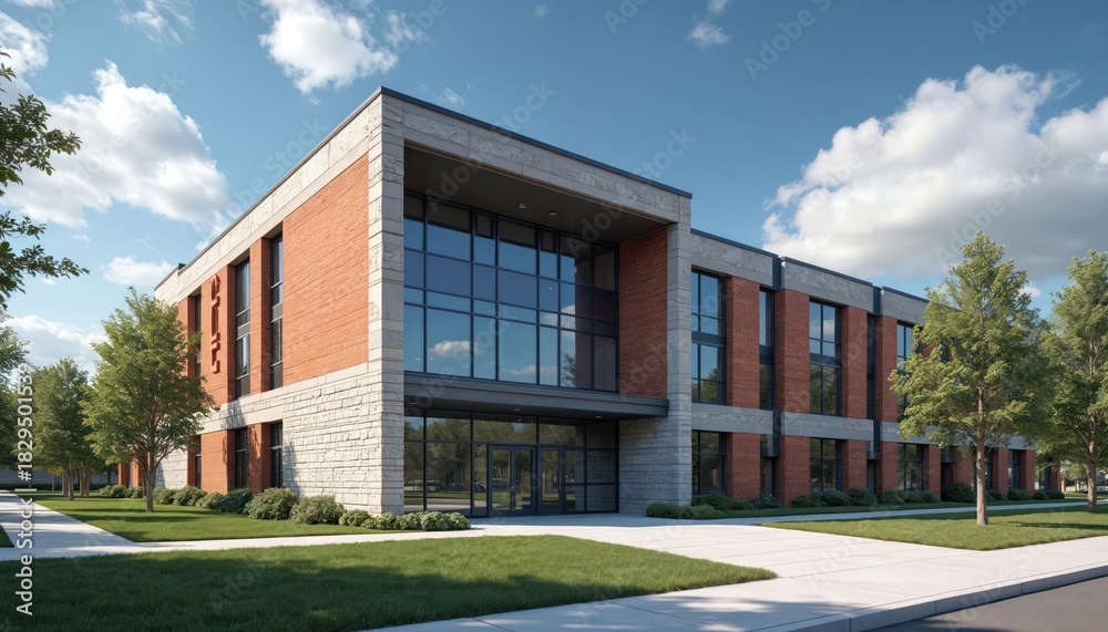 Fototapeta premium Modern school building exterior features red brick facade, large glass windows, and landscaped lawn. This academic institution has a clean, professional appearance suitable for educational themes.