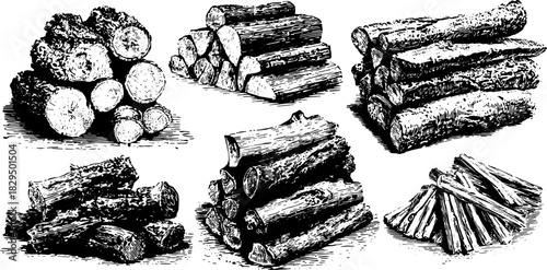 Wood logs in engraving style. Hand-drawn black outline illustration featuring various stacked timber pieces in a set.